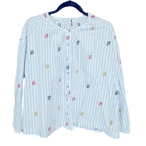 Anthropologie Akemi+Kin Blue Stripes Embroidered‎ Button down Cotton Linen Shirt - Picture 2 of 13